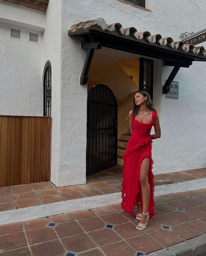 Langes Ballkleid mit roten Rüschen, formelles Partykleid, Abendkleid 2235