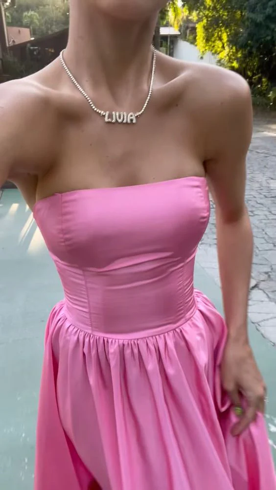 Strapless Pink Long Promdress Satin A Line Party Dress 2172