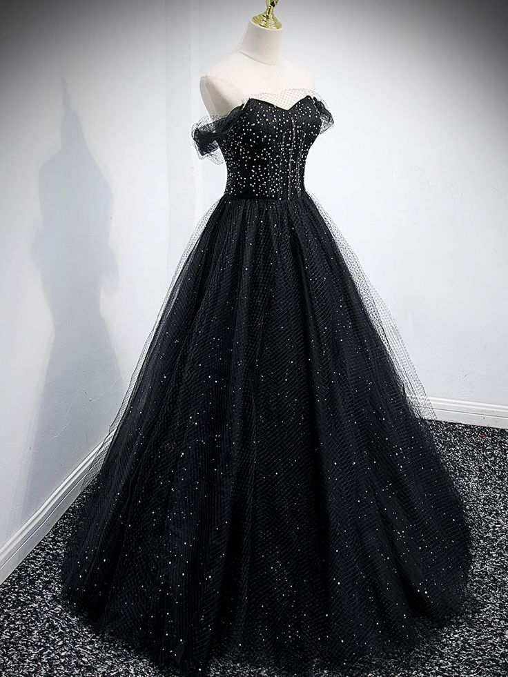 Off The Shoulder Shiny Tulle Long Prom Dress A Line Black Evening Dress 2248