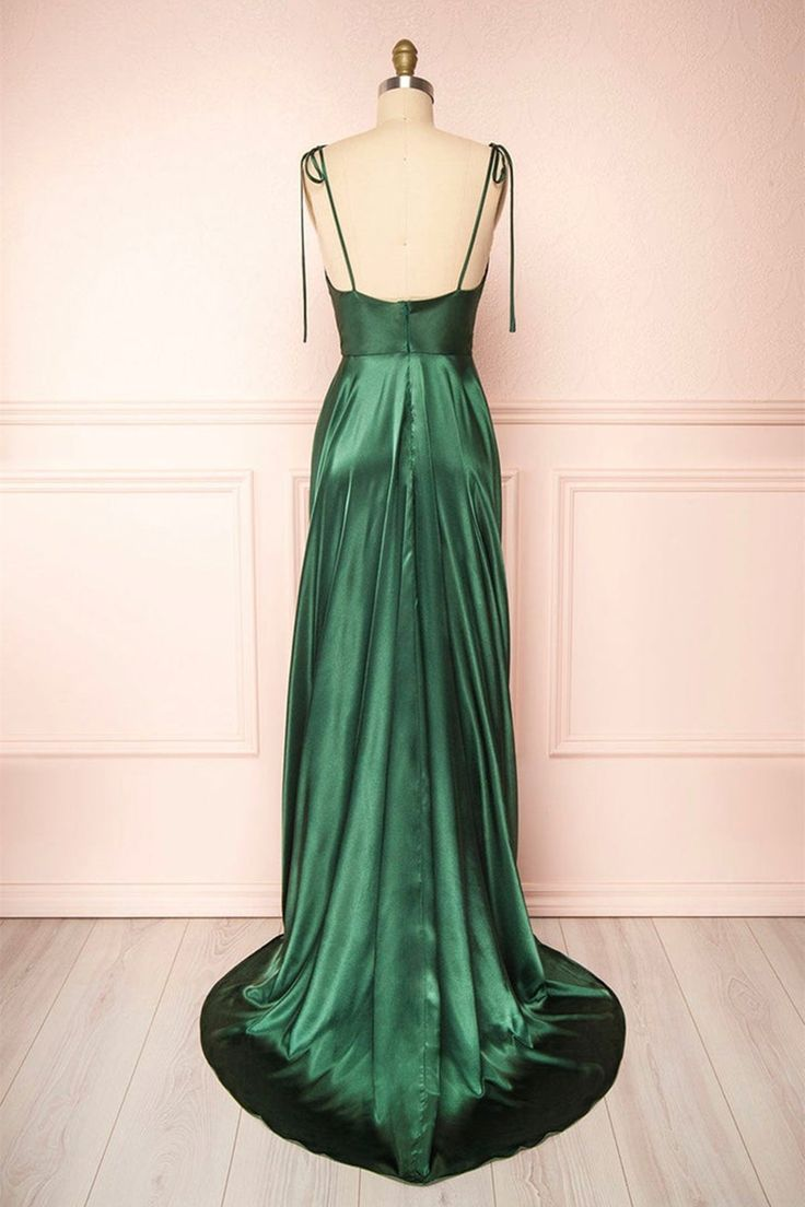 Green Satin A Line Long Prom Dresses Formal Graduation Evening Dress 2178