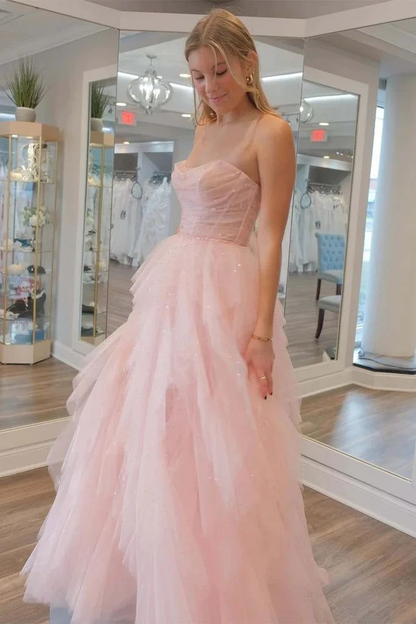 Strapless Pink Tulle Long Prom Dress Sweet Formal Party Dress 2185