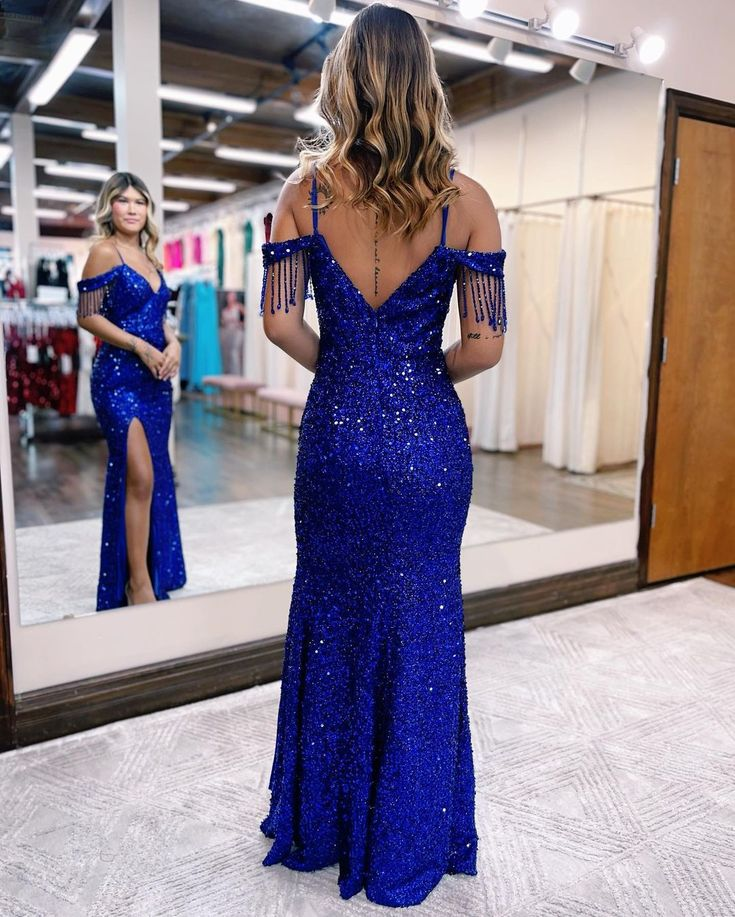 Off The Shoulder Royal Blue Long Prom Dresses Mermaid Sequins Party Dress With Slit  2211