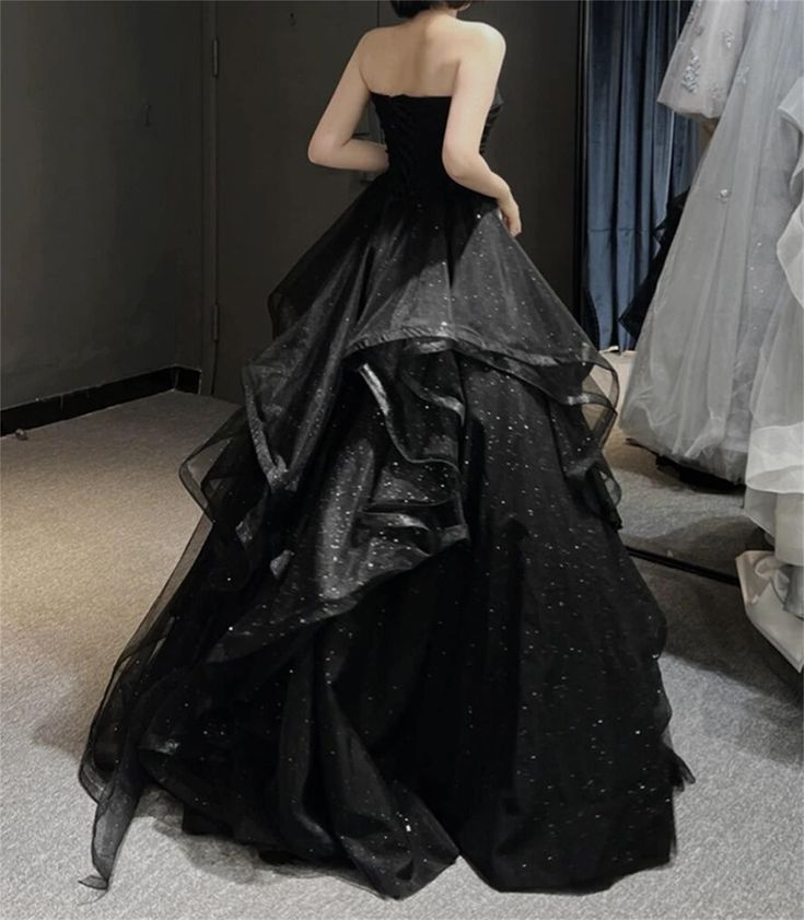 Strapless Black A Line Long Prom Dress Tiered Tulle Evening Gown 2245