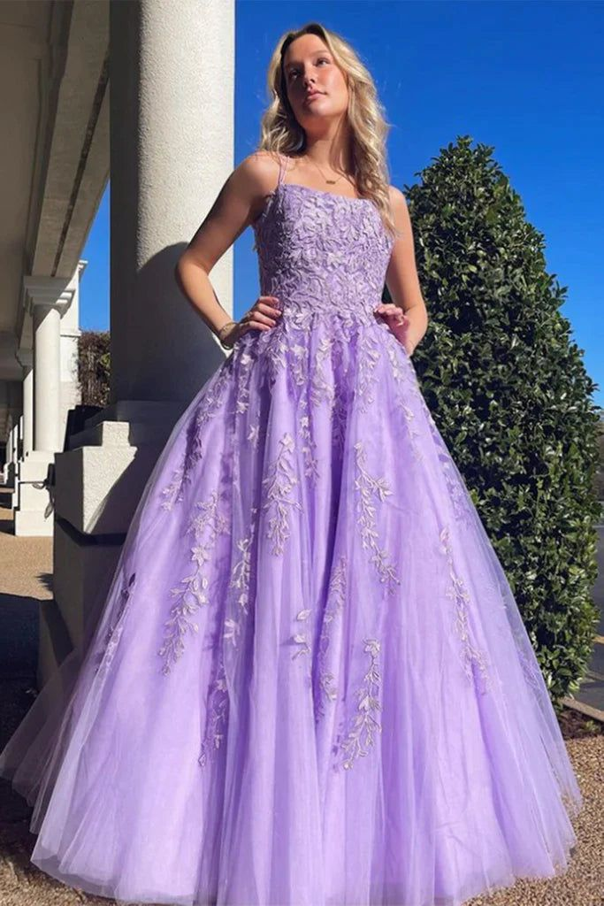 A Line Lavender Tulle Prom Dresses Lace Formal Party Ball Gown 2317