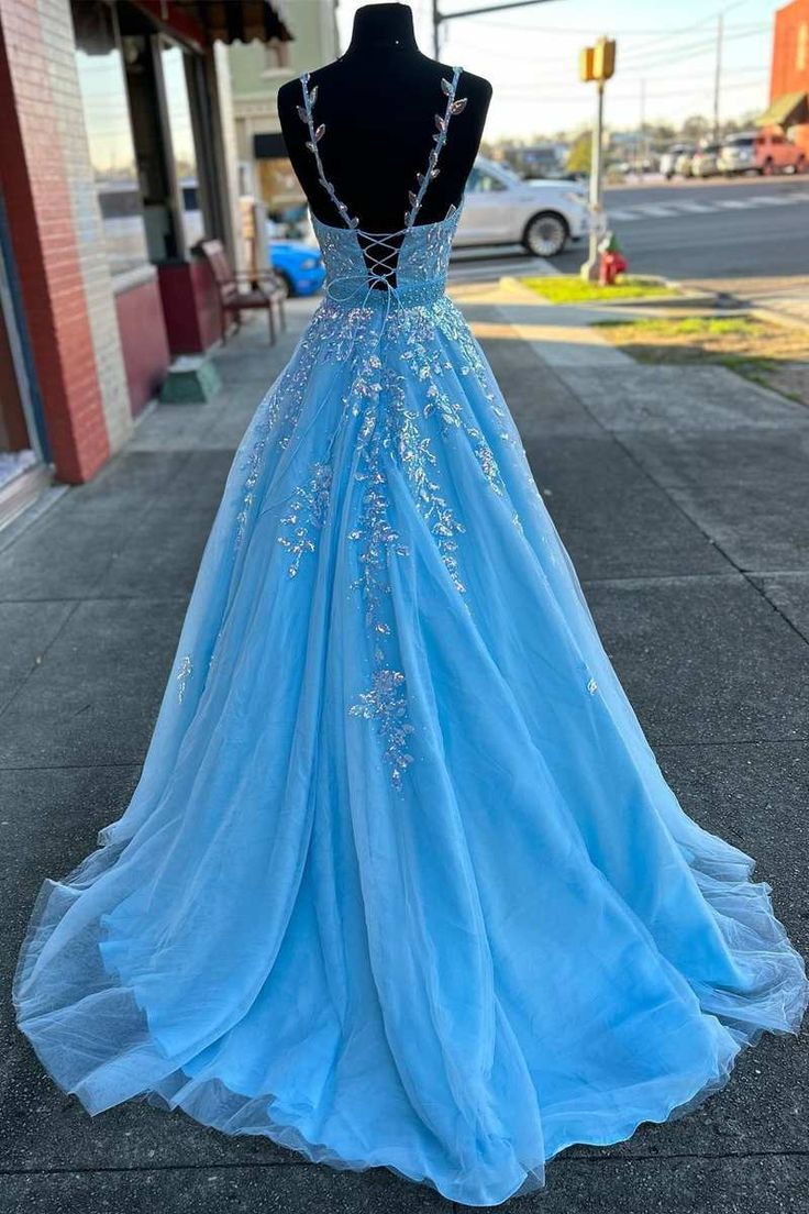 Spaghetti Straps Blue Long Prom Dress Applique A Line Senior Dress 2131