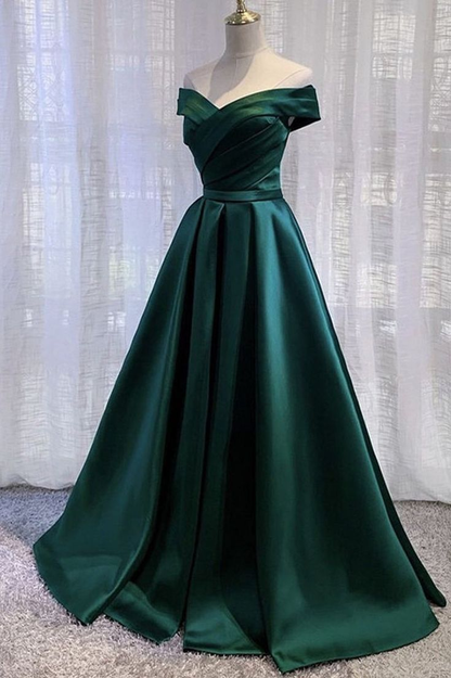 Schulterfreies, langes Ballkleid aus grünem Satin, schlichtes Abendkleid 2241