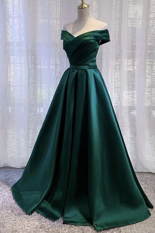 Off The Shoulder Green Satin Long Prom Dress Simple Evening Dress 2241