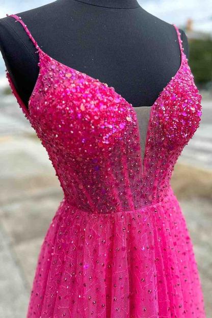 Spaghetti Straps Pink A-Line Long Formal Dress Slit Evening Dress 2200