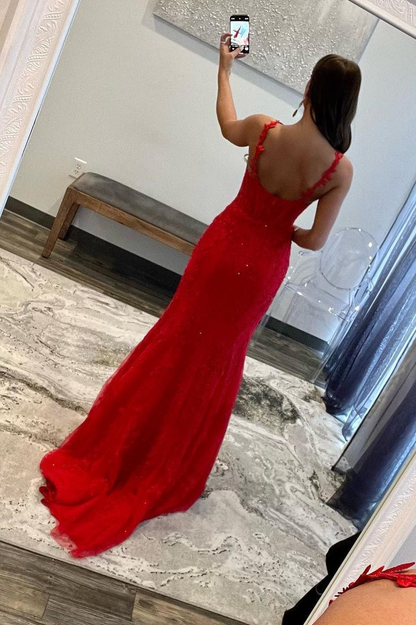 Red Lace Mermaid Long From Dress Appliques Formal Dress 2285