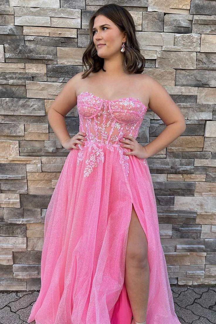 Strapless Pink A Line Long Prom Dress Appliques Formal Evening Gown 2286