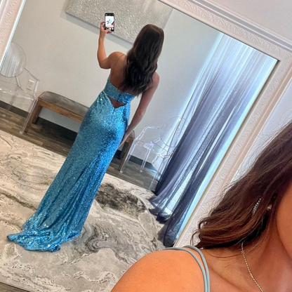 Blaues glitzerndes langes Ballkleid mit Spaghettiträgern, formelles Abendkleid mit Schlitz 2216