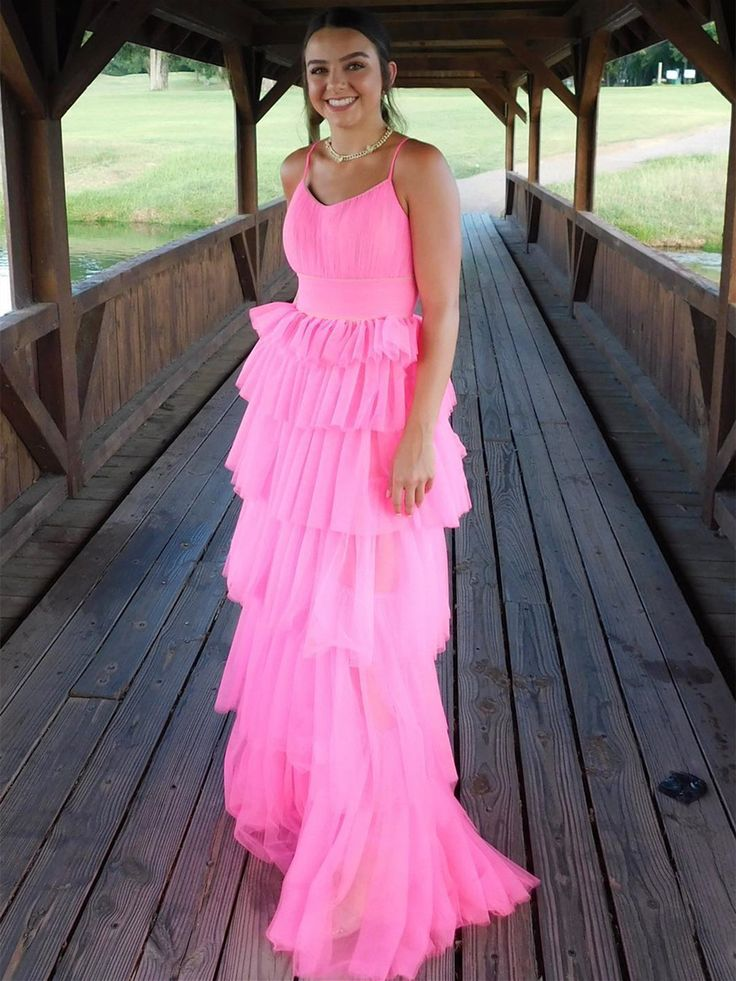 Layered A Line Pink Long Prom Dresses Formal Graduation Evening Dresses 2183