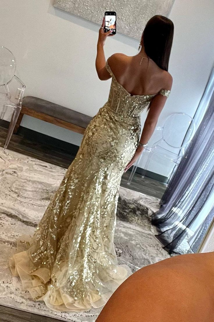 Off The Shoulder Sequin Mermaid Prom Dress Gold Sparkling Evening Dress With Slit 2139