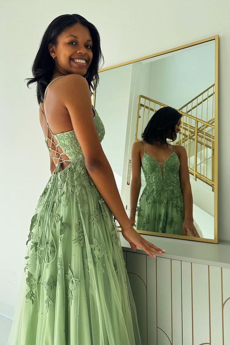 Green Spaghetti Straps A Line Long Tulle Prom Dress 2280