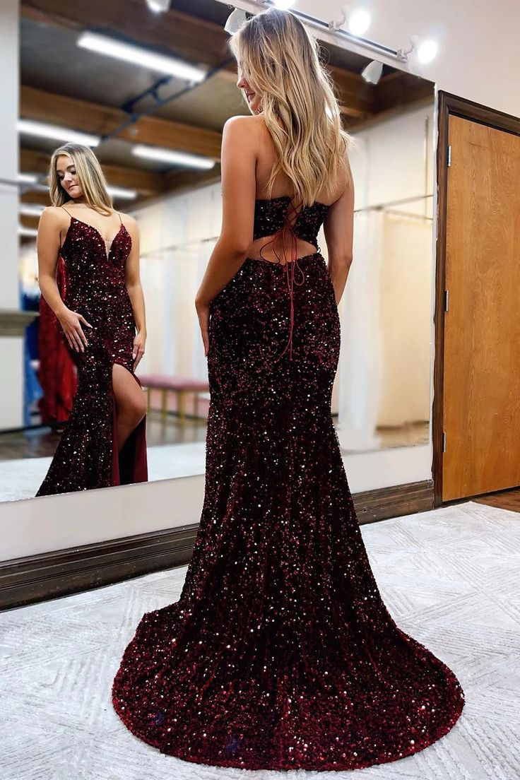 Spaghetti Straps Sequins Long Prom Dress Slit Evening Dress 2126