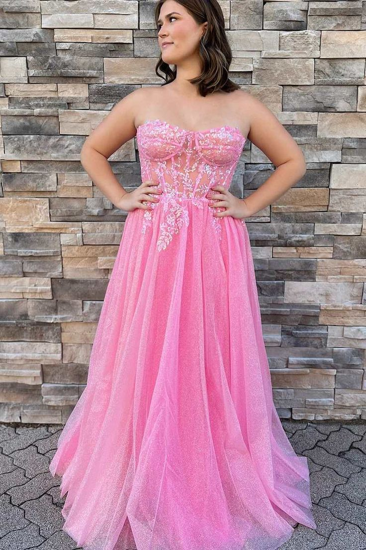 Strapless Pink A Line Long Prom Dress Appliques Formal Evening Gown 2286