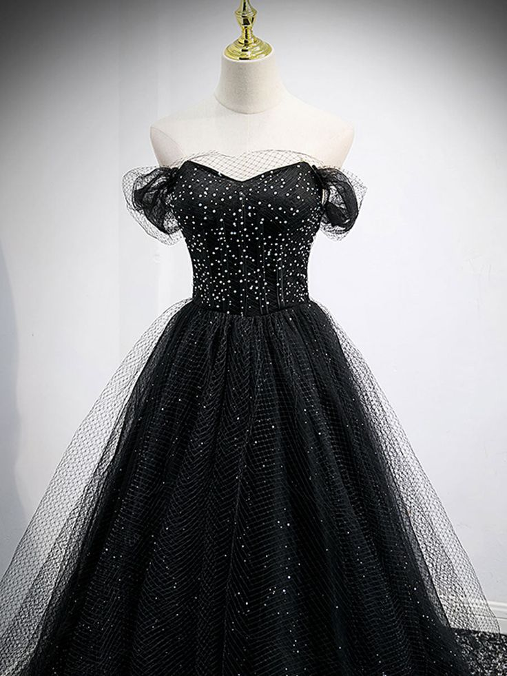 Off The Shoulder Shiny Tulle Long Prom Dress A Line Black Evening Dress 2248