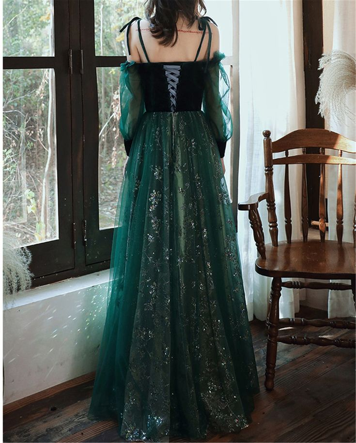 Green Tulle Prom Dresses Longsleeves A Line Birthday Party Gown 2310