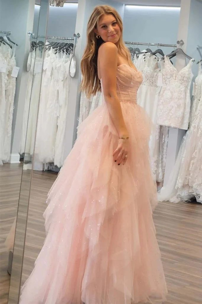 Strapless Pink Tulle Long Prom Dress Sweet Formal Party Dress 2185