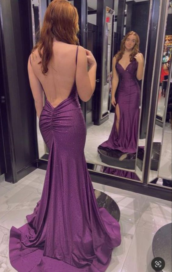 Backless Purple Mermaid Long Prom Dresses Beaded Evening Dress J2696
