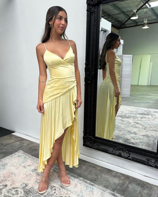 Spaghetti Straps Yellow A Line Long Prom Dresses J2701