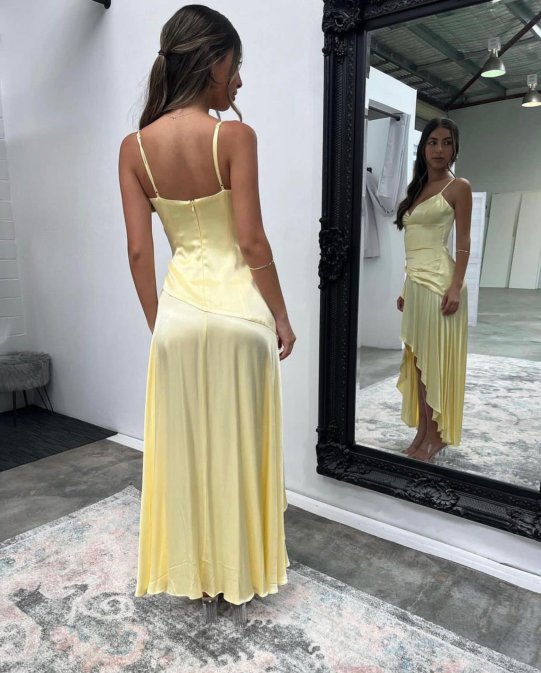 Spaghetti Straps Yellow A Line Long Prom Dresses J2701