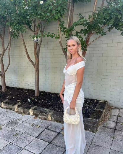 Robe de bal longue sirène en mousseline blanche à épaules dénudées et transparente J2711