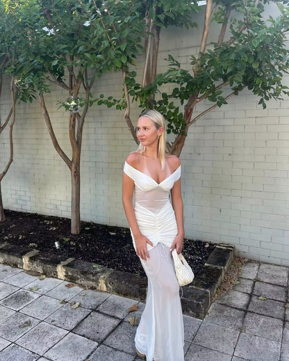 Robe de bal longue sirène en mousseline blanche à épaules dénudées et transparente J2711