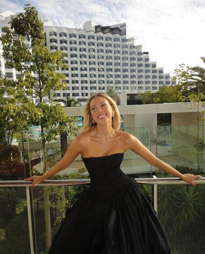 Strapless Black A Line Long Prom Dresses With Slit J2713