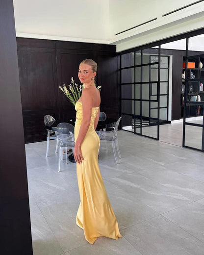 Strapless Yellow Sheath Satin Long Prom Dresses J2715