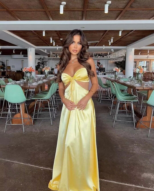 Strapless Yellow A Line Long Prom Dress Satin Formal Party Gown J2718