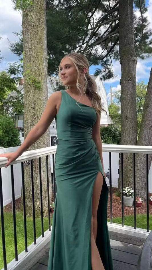 One Shoulder Green Mermaid Long Prom Dresses With Slit J2739