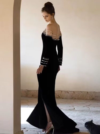 Robe de bal longue sirène élégante en velours noir J2966