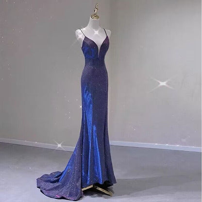 Robe de soirée longue sirène brillante à col en V et dos nu J2959