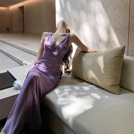 V Neck Purple A Line Ruffled Long Prom Dress J2947