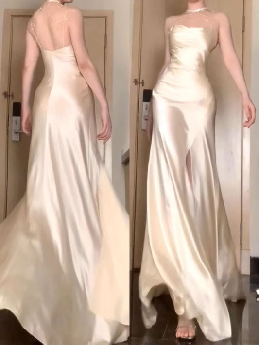 A Line beige Satin Long Prom Dress With Slit J2954