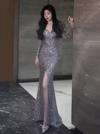 Robe de bal longue à manches longues et paillettes style sirène avec fente J2956