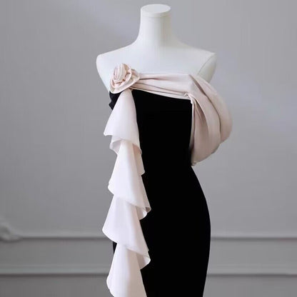 Schwarzes Meerjungfrau-Samt-Geburtstagspartykleid, elegantes Ballkleid J2963