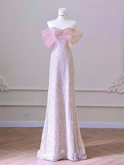 Robe de bal longue trapèze rose à épaules dénudées et sequins J2977