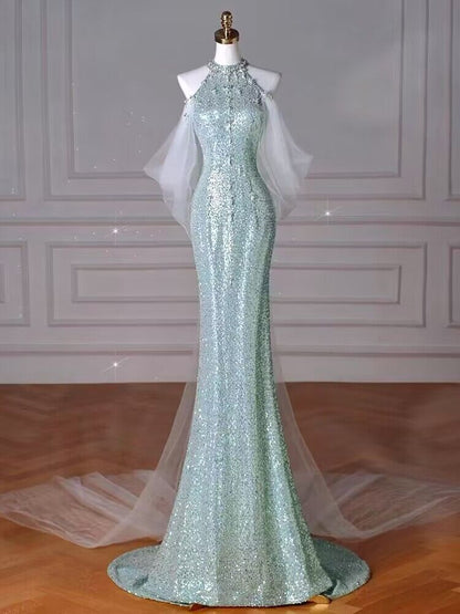 Robe de bal longue verte à paillettes style sirène J2950
