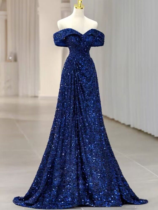 Off The Shoulder Navy Sequin A Line Long Prom Dress J2970