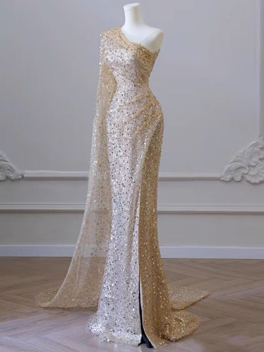 One Shoulder Champagne Mermaid Sequin Long Prom Dress J2968