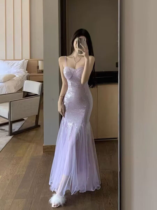 Lavender Mermaid Sequin Long Prom Dress Sweet Formal Party Gown J2951