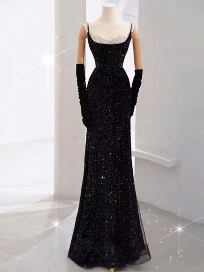 Robe de bal longue sirène noire à paillettes J2961