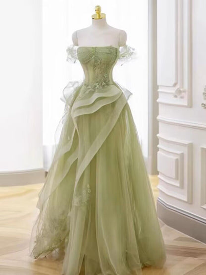 Robe de bal bustier en tulle vert, coupe trapèze, tenue de fête d'anniversaire, J2972