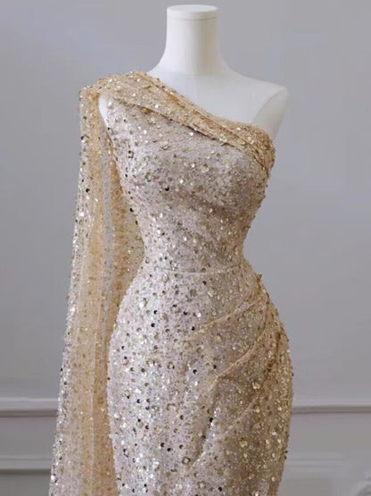 One Shoulder Champagne Mermaid Sequin Long Prom Dress J2968