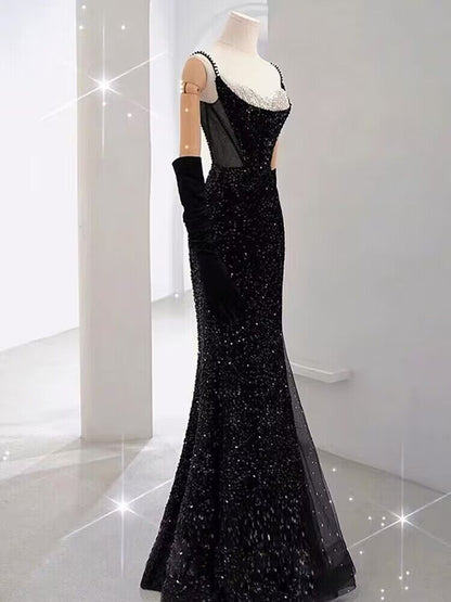 Robe de bal longue sirène noire à paillettes J2961