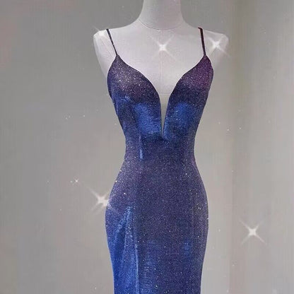 Robe de soirée longue sirène brillante à col en V et dos nu J2959