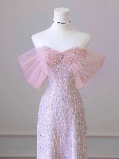 Robe de bal longue trapèze rose à épaules dénudées et sequins J2977