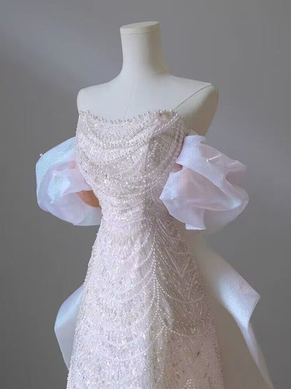 Robe de bal trapèze rose à épaules dénudées et sequins, robe de soirée Sweet 16, J2955